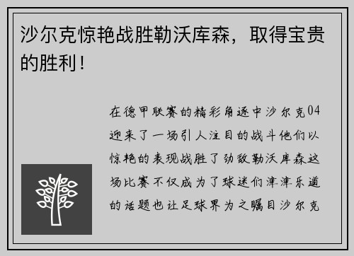 沙尔克惊艳战胜勒沃库森，取得宝贵的胜利！